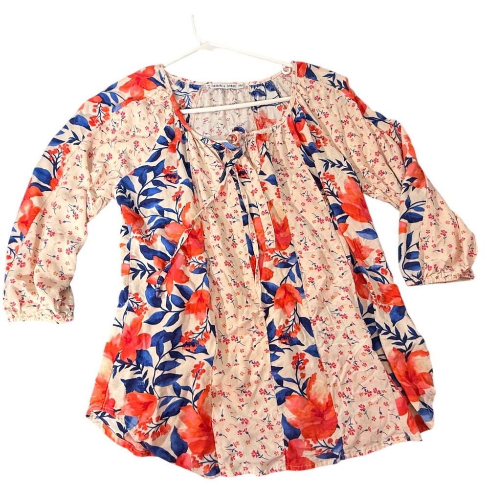 Figueroa & Flower Fall Floral Peasant Blouse Coral Blue Petite Medium